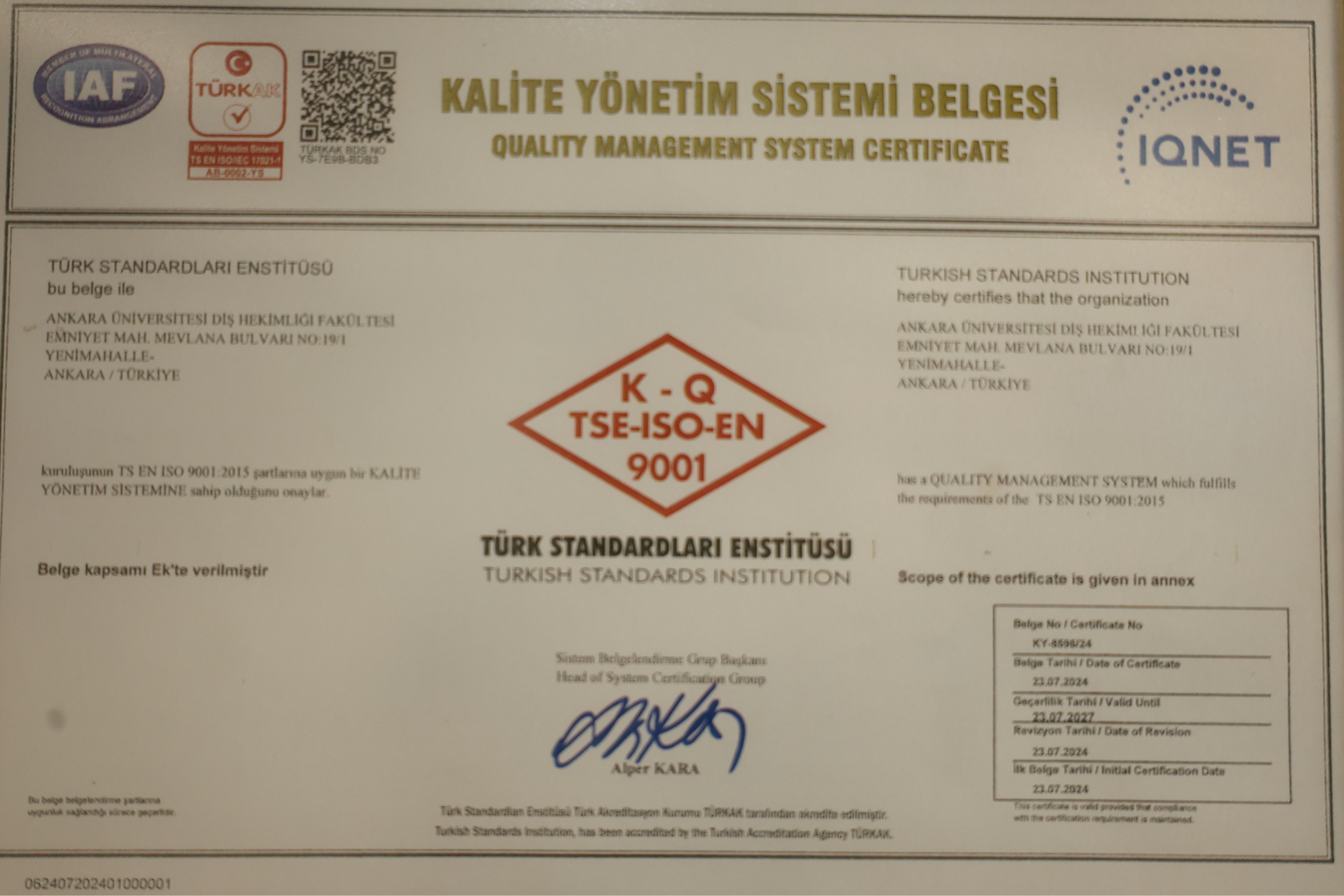 Kalite Yönetim Sistemi Belgesi